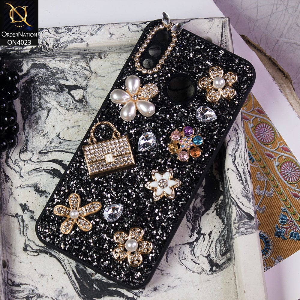 Huawei Y9 2019 Cover - Black - New Bling Bling Sparkle 3D Flowers Shiny Glitter Texture Protective Case