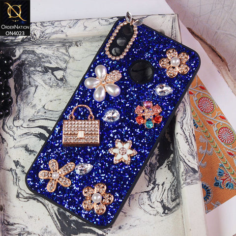 Huawei Y9 2019 Cover - Blue - New Bling Bling Sparkle 3D Flowers Shiny Glitter Texture Protective Case