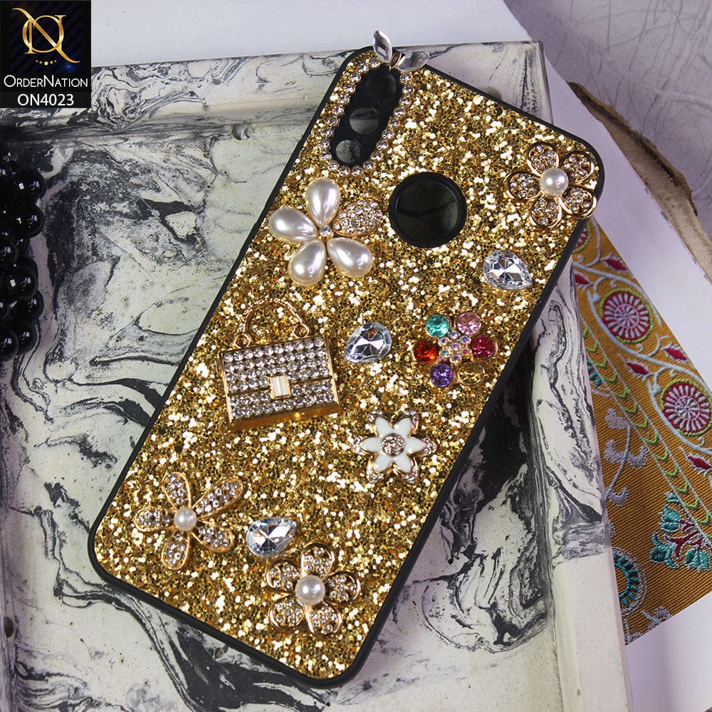 Huawei Y9 2019 Cover - Golden - New Bling Bling Sparkle 3D Flowers Shiny Glitter Texture Protective Case