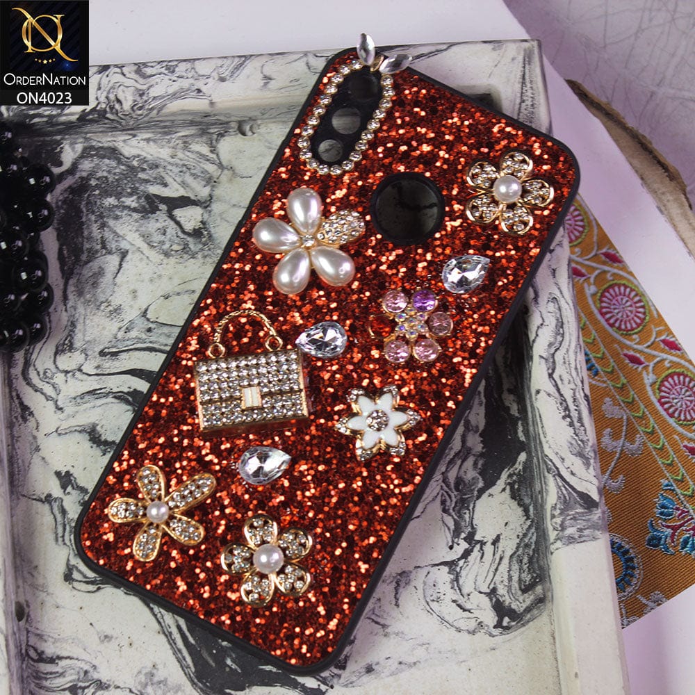 Huawei Y9 2019 Cover - Red - New Bling Bling Sparkle 3D Flowers Shiny Glitter Texture Protective Case