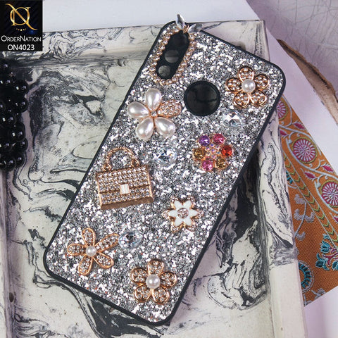 Huawei Y9 2019 Cover - Silver - New Bling Bling Sparkle 3D Flowers Shiny Glitter Texture Protective Case