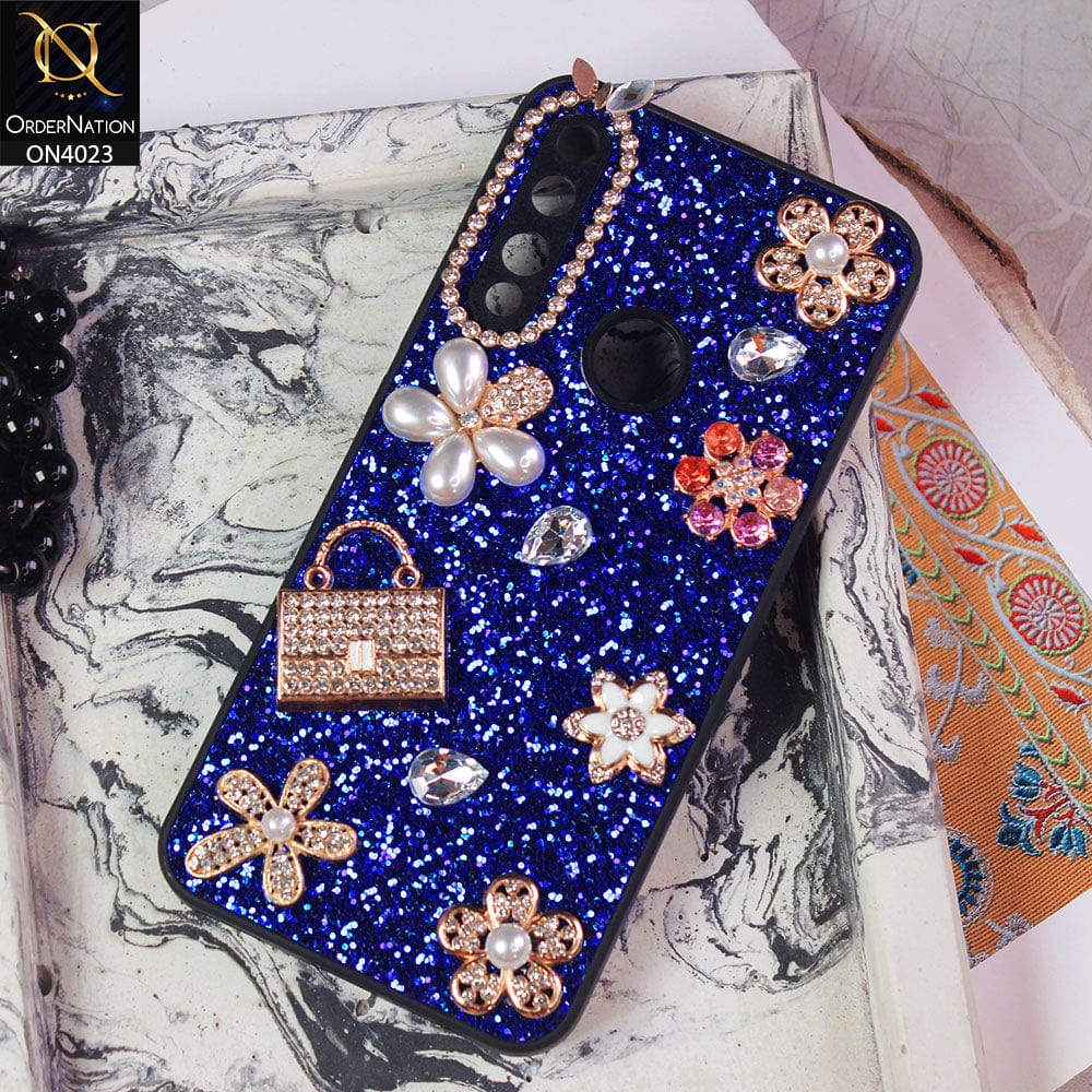 Huawei Y9 Prime 2019 Cover - Blue - New Bling Bling Sparkle 3D Flowers Shiny Glitter Texture Protective Case