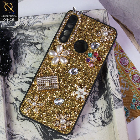Huawei Y9 Prime 2019 Cover - Golden - New Bling Bling Sparkle 3D Flowers Shiny Glitter Texture Protective Case
