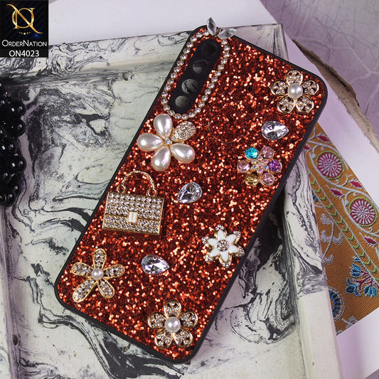 Huawei Y9 Prime 2019 Cover - Red - New Bling Bling Sparkle 3D Flowers Shiny Glitter Texture Protective Case