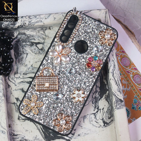 Huawei Y9 Prime 2019 Cover - Silver - New Bling Bling Sparkle 3D Flowers Shiny Glitter Texture Protective Case