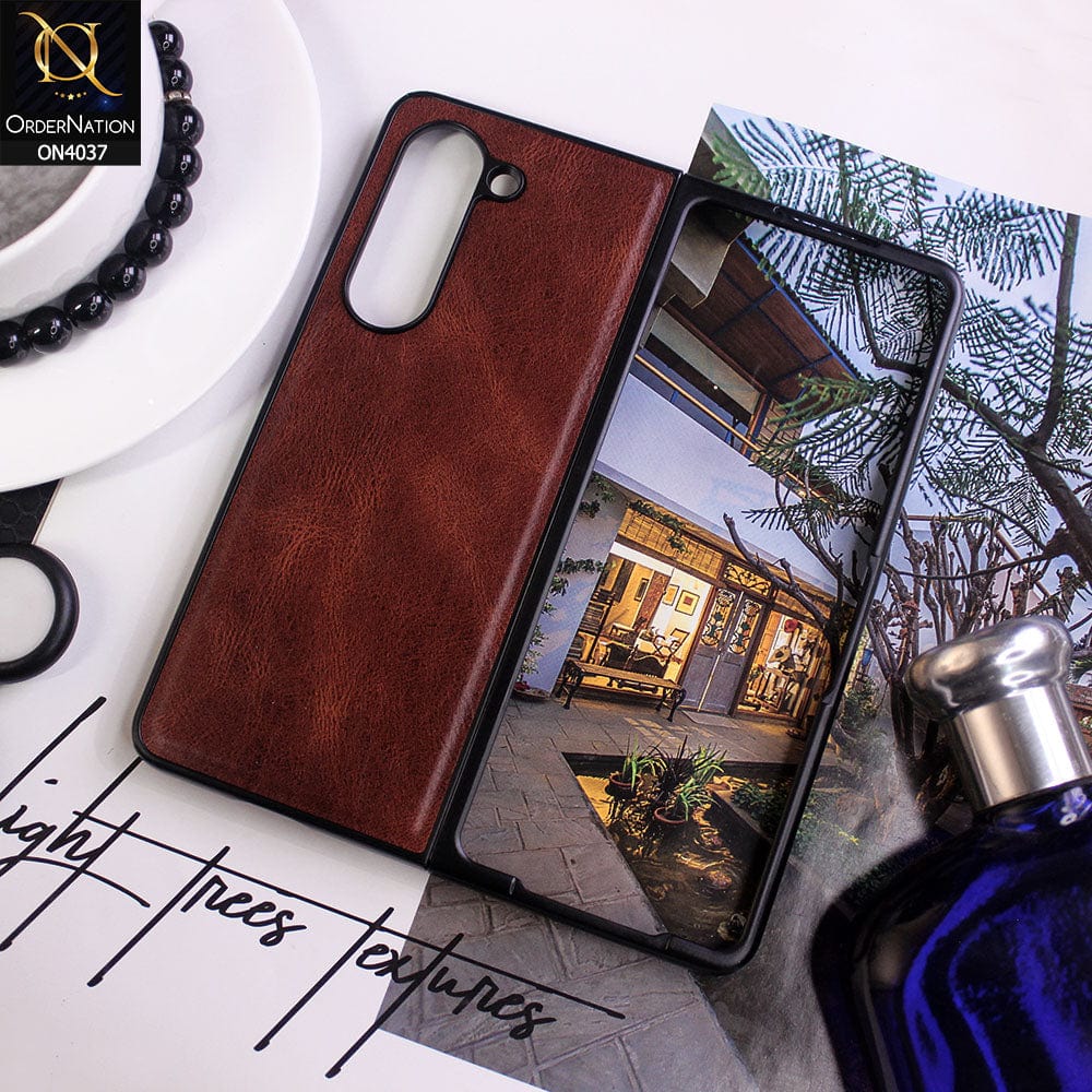Samsung Galaxy Z Fold 5 5G Cover - Dark Brown -  New Luxury Vintage Leather Texture Hard Case