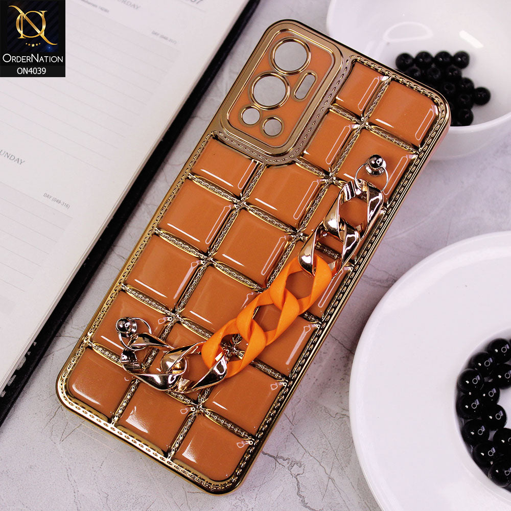 Infinix Hot 12 Cover - Brown - New Electroplated Soft Silicone Camera Protection Case With Chain Holder