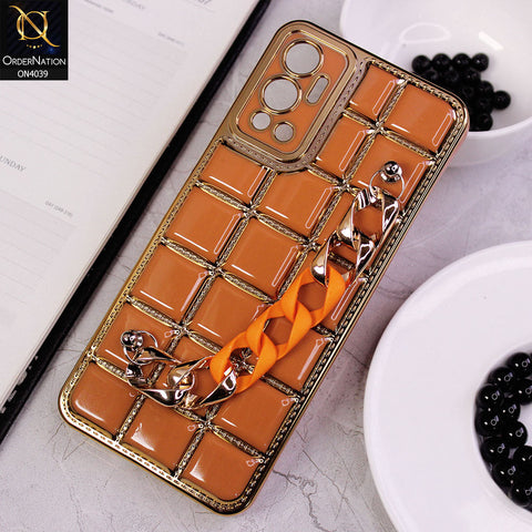 Infinix Hot 12 Cover - Brown - New Electroplated Soft Silicone Camera Protection Case With Chain Holder
