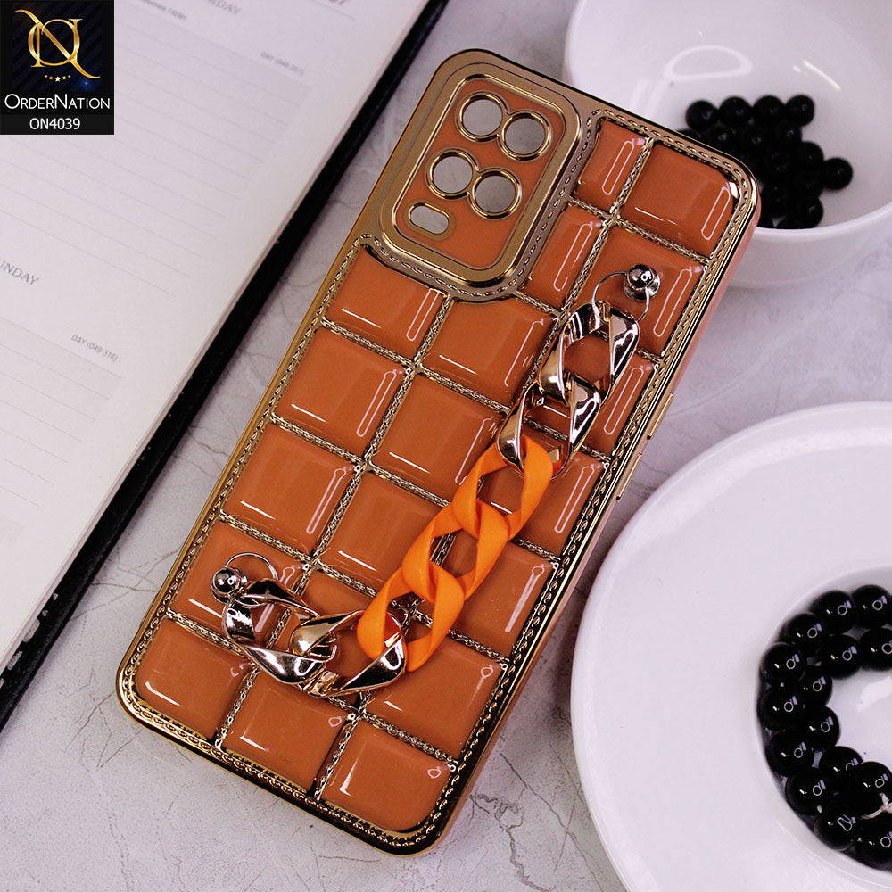 Oppo A54 4G Cover - Brown - New Electroplated Soft Silicone Camera Protection Case With Chain Holder