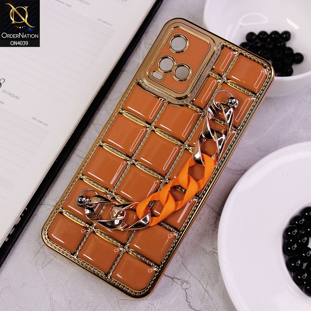 Vivo Y21e Cover - Brown - New Electroplated Soft Silicone Camera Protection Case With Chain Holder