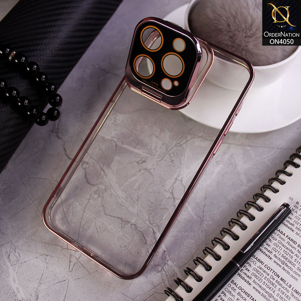 iPhone 15 Pro Max Cover - Rosegold - New Clear Slim Phone Case With Transparent Luxury Plating Fold Holder Camera Lens Stand Phone Case