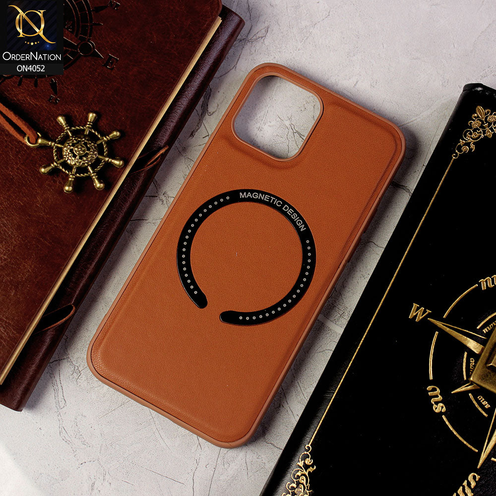 iPhone 12 Cover - Brown - Leather Texture Silicon Magnetic Design Soft Case