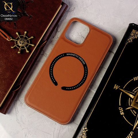 iPhone 12 Cover - Brown - Leather Texture Silicon Magnetic Design Soft Case