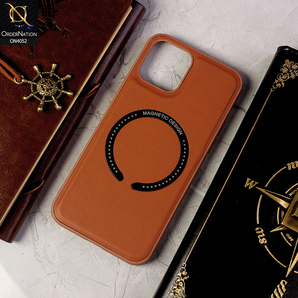 iPhone 12 Pro Max Cover - Brown - Leather Texture Silicon Magnetic Design Soft Case