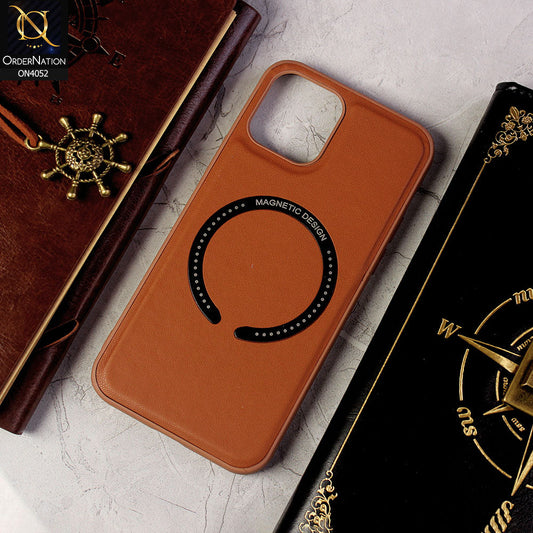 iPhone 12 Pro Max Cover - Brown - Leather Texture Silicon Magnetic Design Soft Case