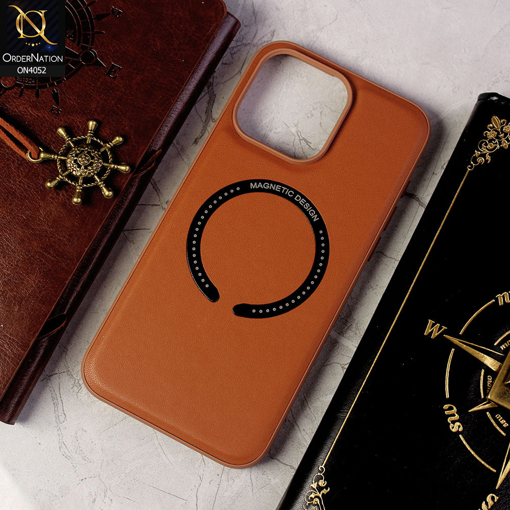 iPhone 13 Pro Cover - Brown - Leather Texture Silicon Magnetic Design Soft Case