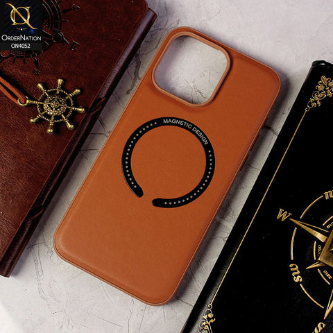 iPhone 13 Pro Cover - Brown - Leather Texture Silicon Magnetic Design Soft Case