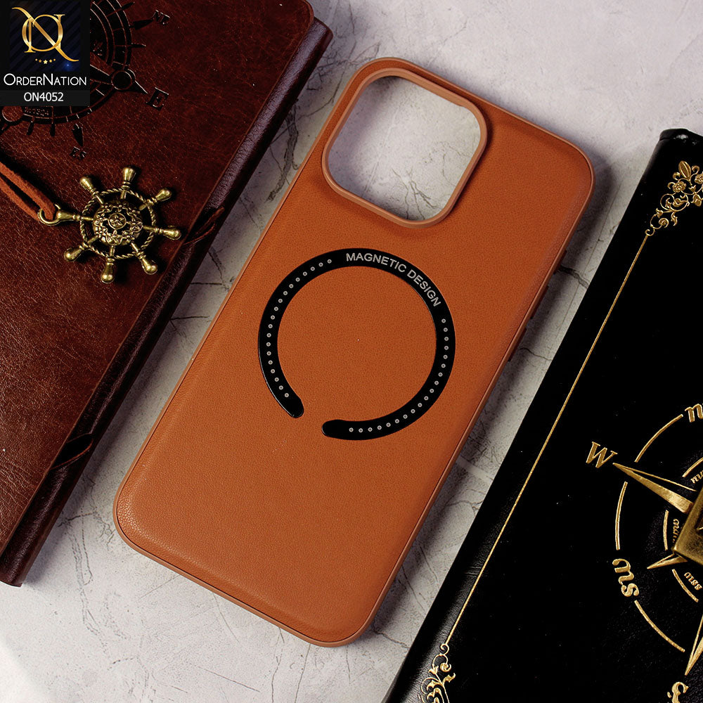 iPhone 14 Pro Max Cover - Brown - Leather Texture Silicon Magnetic Design Soft Case