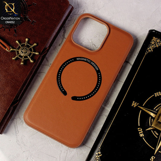 iPhone 15 Pro Cover - Brown - Leather Texture Silicon Magnetic Design Soft Case