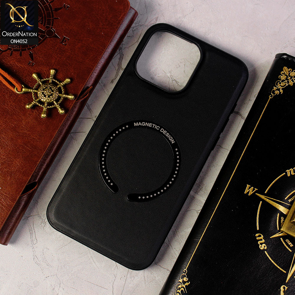 iPhone 15 Pro Max Cover - Black - Leather Texture Silicon Magnetic Design Soft Case