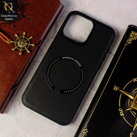 iPhone 15 Pro Max Cover - Black - Leather Texture Silicon Magnetic Design Soft Case