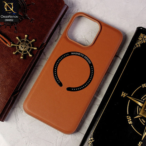iPhone 15 Pro Max Cover - Brown - Leather Texture Silicon Magnetic Design Soft Case