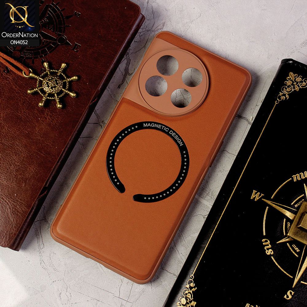 OnePlus 11 Cover - Brown - Leather Texture Silicon Magnetic Design Soft Case