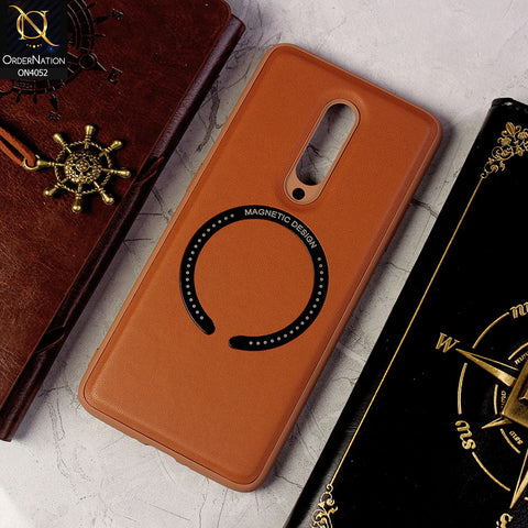 OnePlus 7 Pro Cover - Brown - Leather Texture Silicon Magnetic Design Soft Case