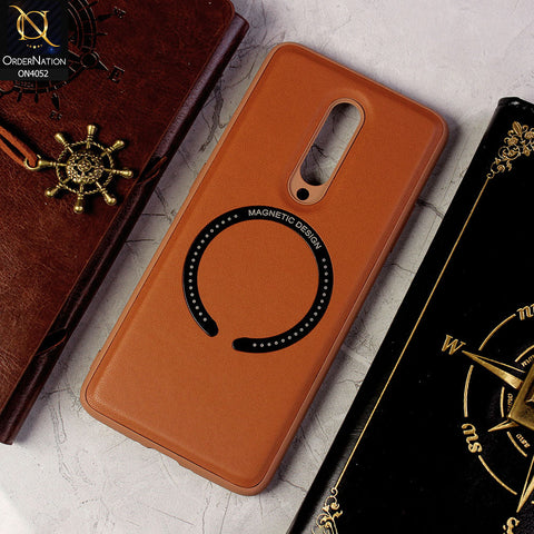 OnePlus 8 Cover - Brown - Leather Texture Silicon Magnetic Design Soft Case