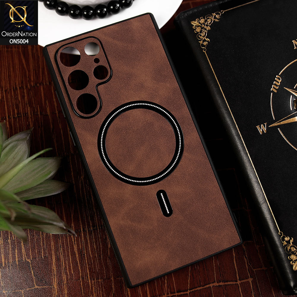 Samsung Galaxy S22 Ultra 5G Cover - Dark Brown - New Luxury Matte Leather Magnetic MagSafe Wireless Charging Soft Case