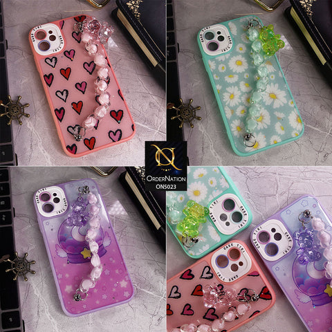 iPhone 14 Pro Cover - Pink - New Spring Dreams Series Cristal Heart and Bear Holder Soft Borders Camera Protection Case