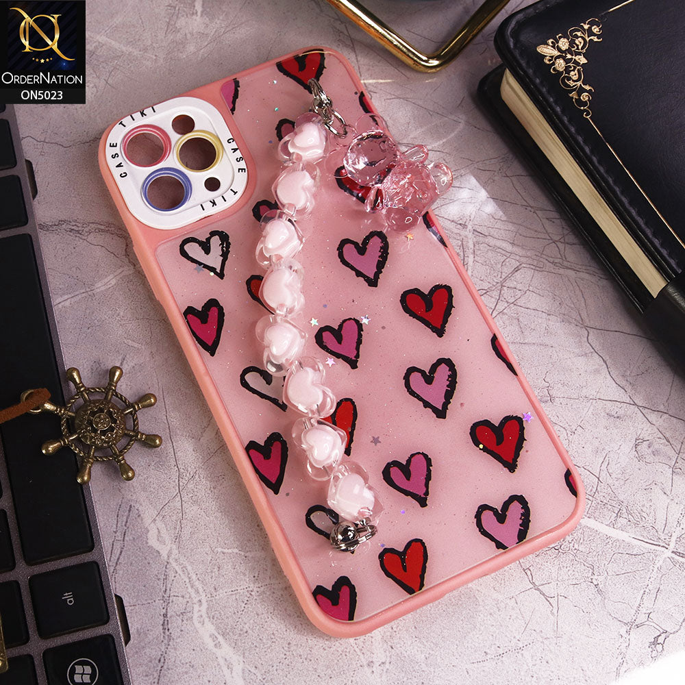 iPhone 12 Pro Cover - Pink - New Spring Dreams Series Cristal Heart and Bear Holder Soft Borders Camera Protection Case