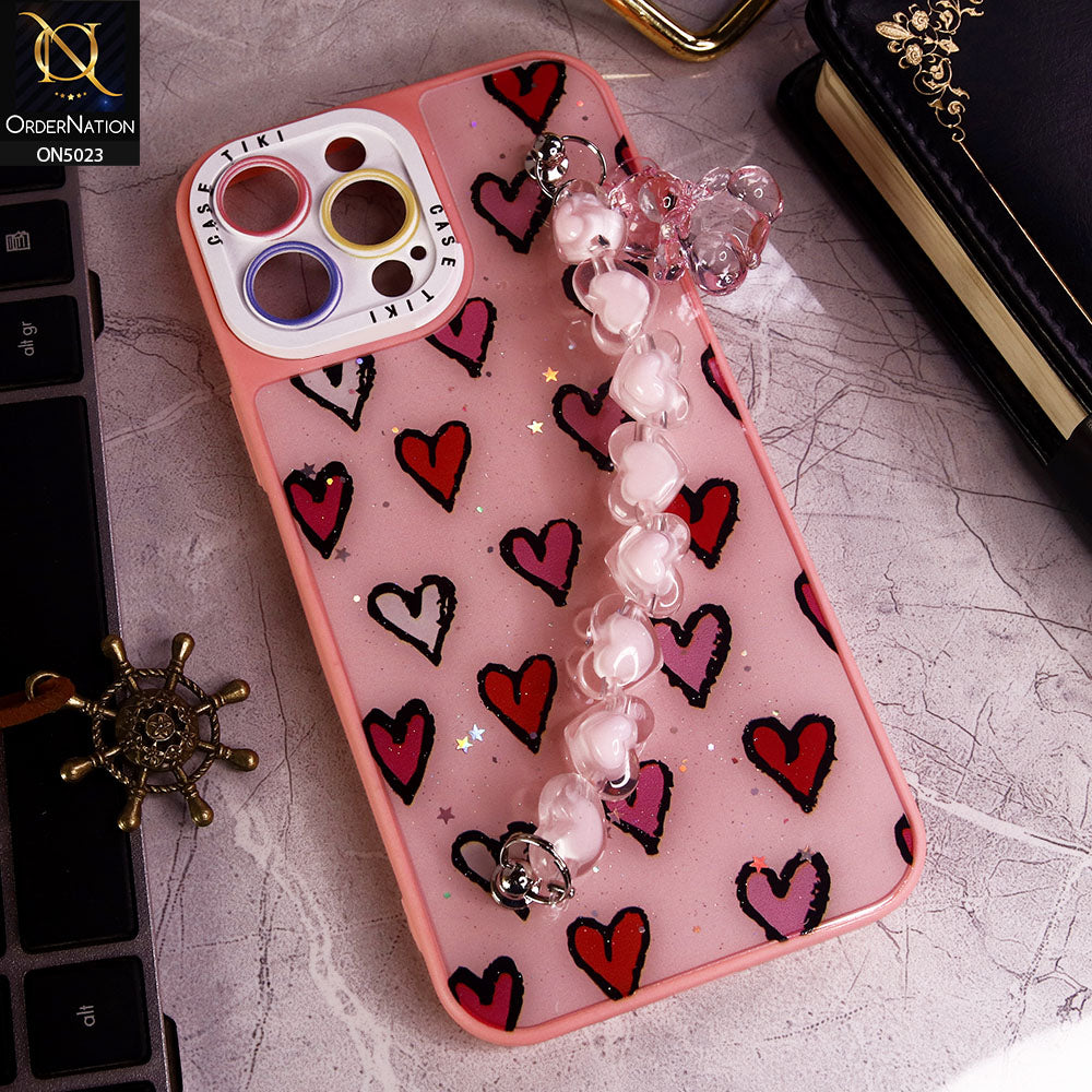 iPhone 14 Pro Max Cover - Pink - New Spring Dreams Series Cristal Heart and Bear Holder Soft Borders Camera Protection Case