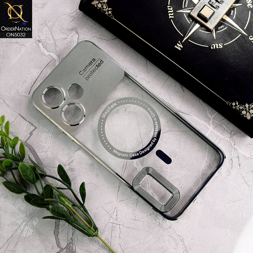 Infinix Hot 30 Play Cover - Silver - New Electroplating Color Borders Camera Protection Magsafe Design Soft Transparent Case With Logo Hole