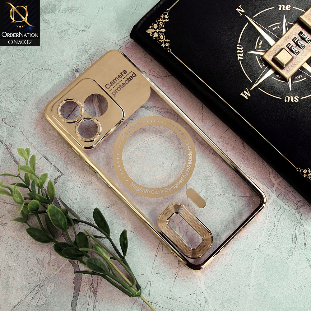 Realme C51 Cover - Golden - New Electroplating Color Borders Camera Protection Magsafe Design Soft Transparent Case With Logo Hole