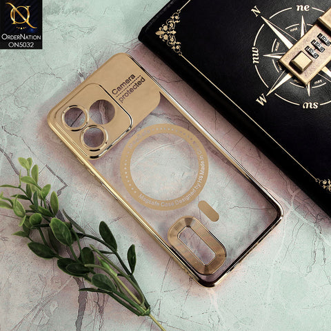 Realme C51 Cover - Golden - New Electroplating Color Borders Camera Protection Magsafe Design Soft Transparent Case With Logo Hole