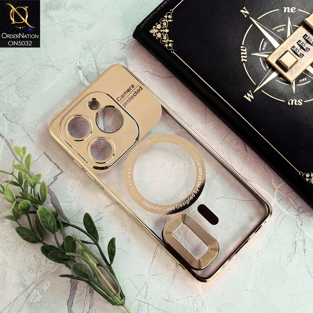 Tecno Pop 8 Cover - Golden - New Electroplating Color Borders Camera Protection Magsafe Design Soft Transparent Case With Logo Hole