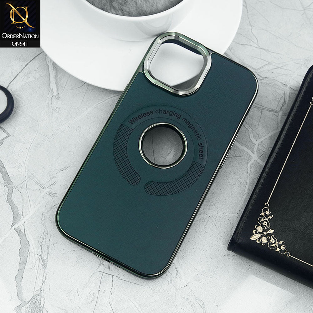 iPhone 14 Cover - Green - Wireless Charging Magnetic Sheet Electroplating Borders Leather Shockproof Soft Case