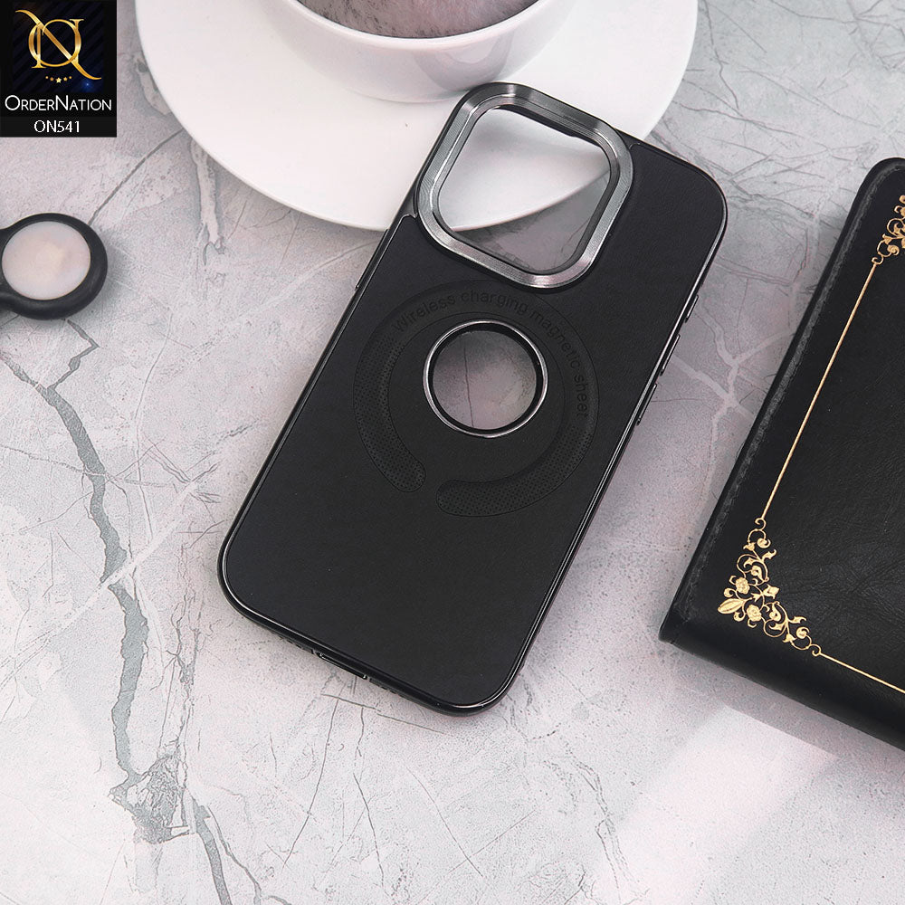 iPhone 15 Pro Cover - Black - Wireless Charging Magnetic Sheet Electroplating Borders Leather Shockproof Soft Case