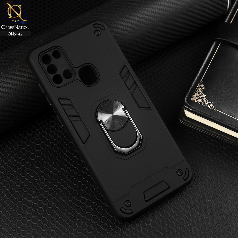 Samsung Galaxy A21s Cover - Black - New Dual PC + TPU Hybrid Style Protective Soft Border Case With Kickstand Holder
