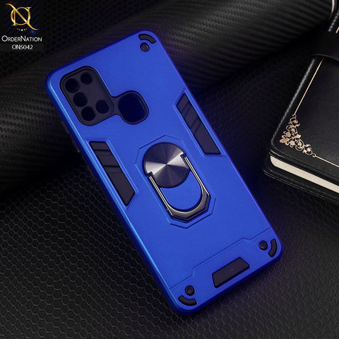 Samsung Galaxy A21s Cover - Blue - New Dual PC + TPU Hybrid Style Protective Soft Border Case With Kickstand Holder