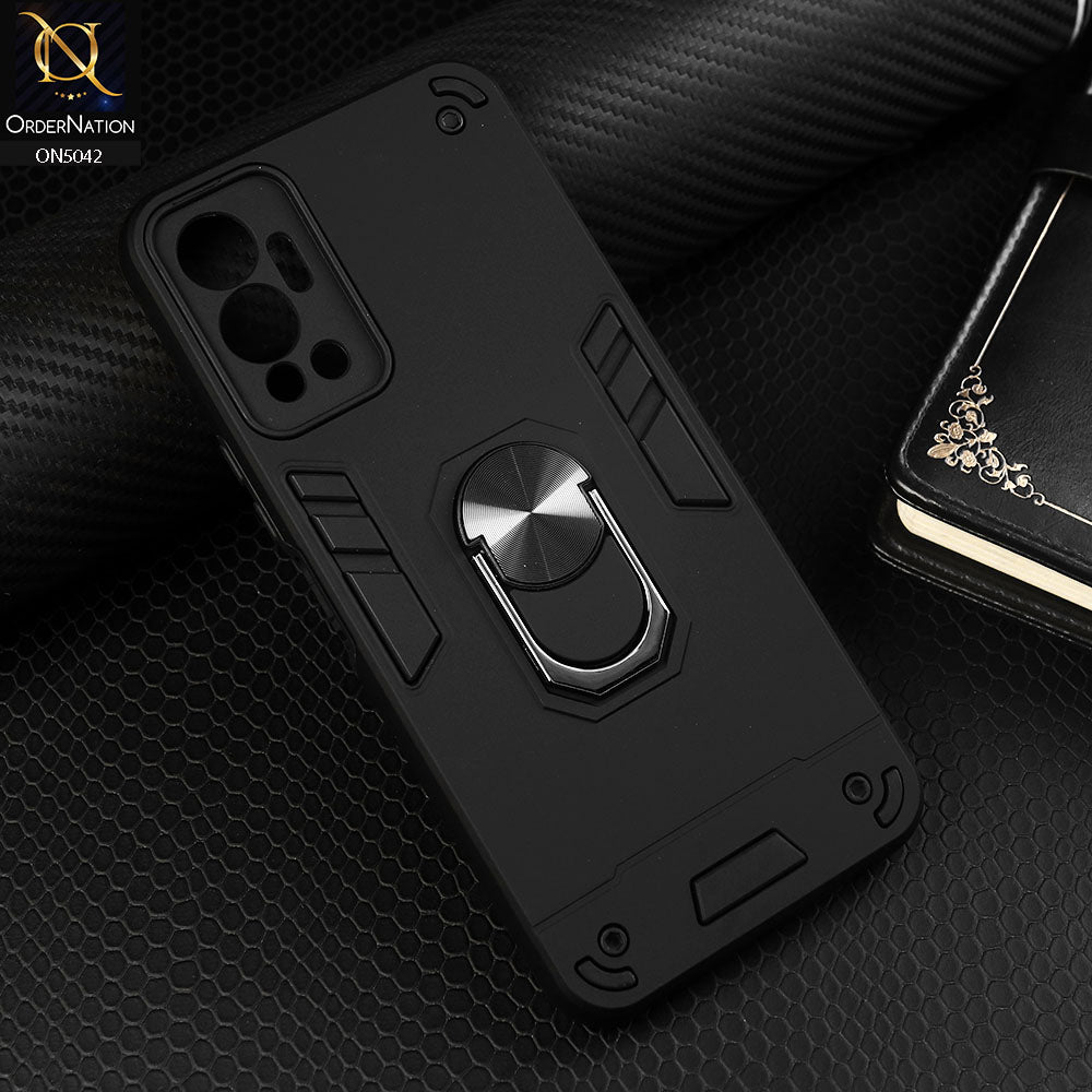 Infinix Hot 12 Cover - Black - New Dual PC + TPU Hybrid Style Protective Soft Border Case With Kickstand Holder