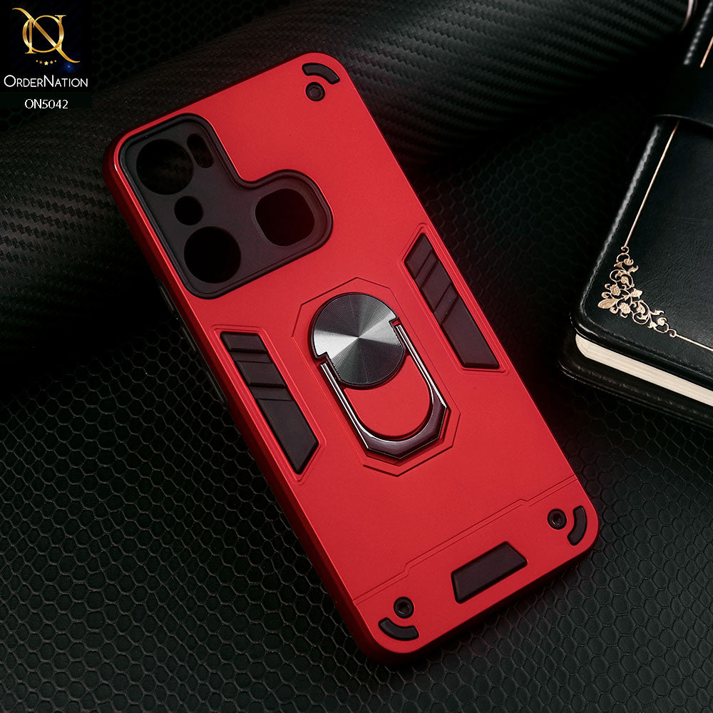 Infinix Hot 20i Cover - Red - New Dual PC + TPU Hybrid Style Protective Soft Border Case With Kickstand Holder