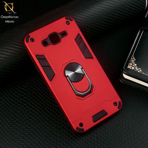 Samsung Galaxy J7 2015 Cover - Red - New Dual PC + TPU Hybrid Style Protective Soft Border Case With Kickstand Holder