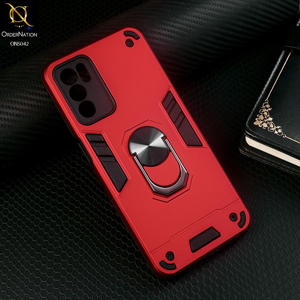 Oppo A16 Cover - Red - New Dual PC + TPU Hybrid Style Protective Soft Border Case With Kickstand Holder