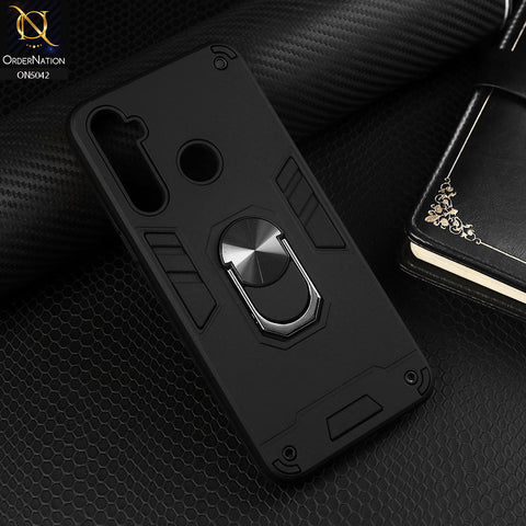 Realme 5 Cover - Black - New Dual PC + TPU Hybrid Style Protective Soft Border Case With Kickstand Holder