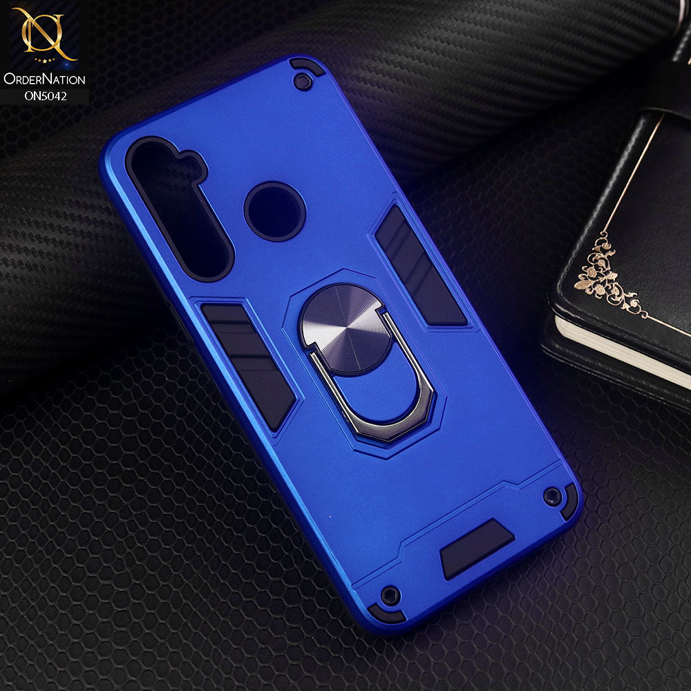 Realme 5s Cover - Blue - New Dual PC + TPU Hybrid Style Protective Soft Border Case With Kickstand Holder