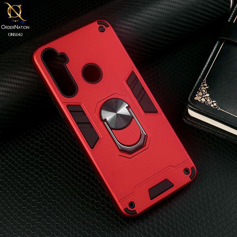 Realme 5 Cover - Red - New Dual PC + TPU Hybrid Style Protective Soft Border Case With Kickstand Holder