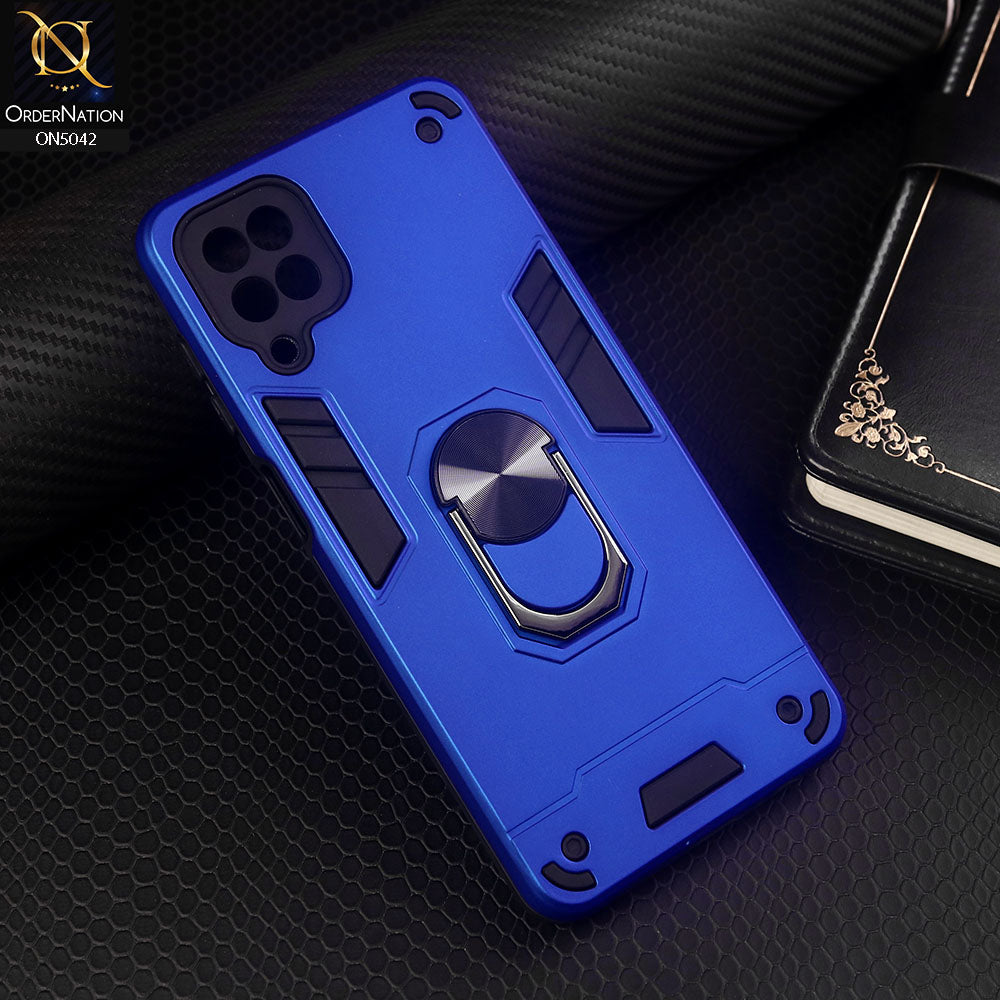 Samsung Galaxy A12 Cover - Blue - New Dual PC + TPU Hybrid Style Protective Soft Border Case With Kickstand Holder