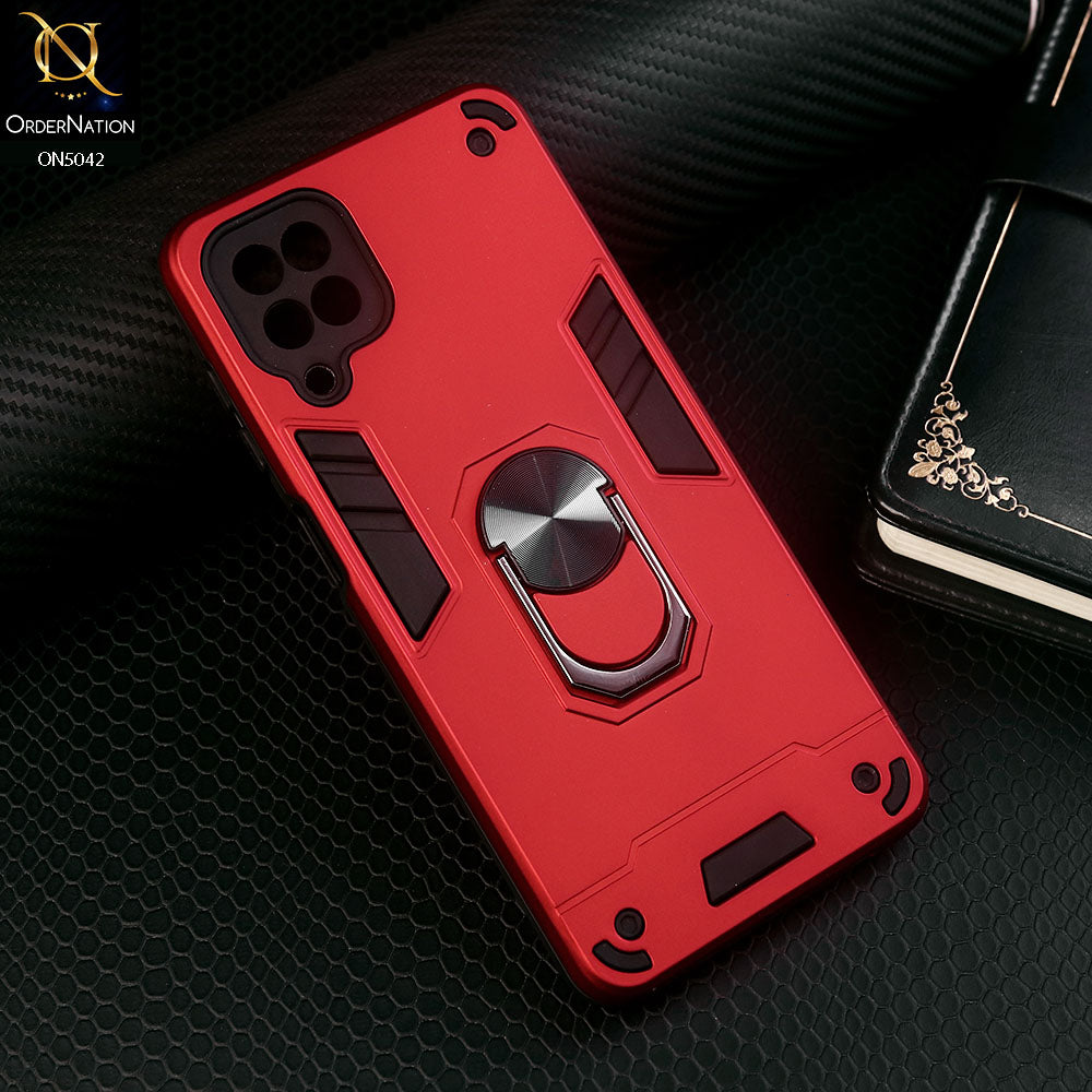Samsung Galaxy A12 Cover - Red - New Dual PC + TPU Hybrid Style Protective Soft Border Case With Kickstand Holder